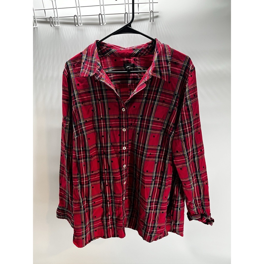 Talbots Button Down Shirt Womens 1X Red Plaid with Black Velvet Polka‎ Dots